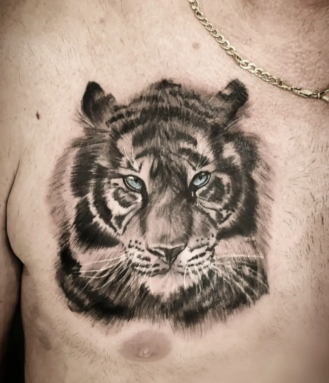Tatuaggio sul petto: muso di tigre in nero e grigio, con gli occhi azzurri come unico colore.